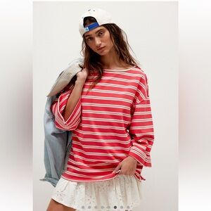 Free People C’est La Vie Striped Oversized Top – Red Combo – Size M NWT